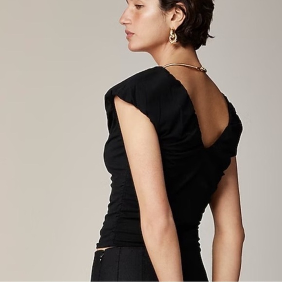NEW J. CREW Ruched V-neck top in stretch cotton blend puff sleeves black Size XS - Picture 2 of 7